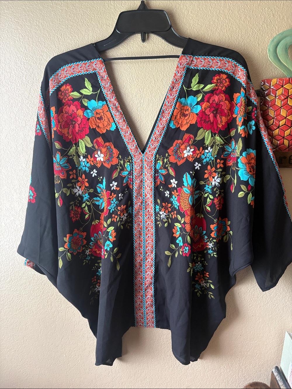 Rose & Olive Black V-Neck Tunic with Multicolor Floral Embroidery - Picture 5 of 6
